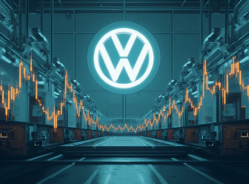 Conceptual image of a Volkswagen factory with fluctuating stock market charts overlaid, symbolizing the volatility and risk associated with the company's stock.