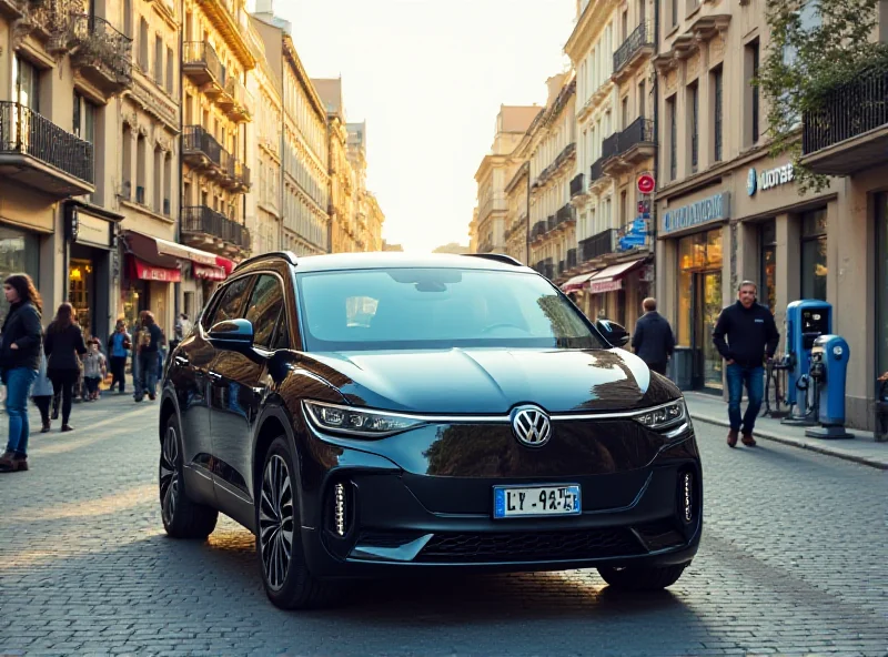 A sleek, modern Volkswagen ID. Every1 electric car parked in a European city center with pedestrians and other electric vehicles in the background.