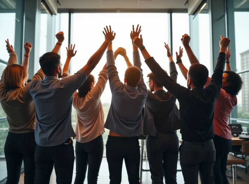 A diverse group of workers celebrating a successful negotiation.