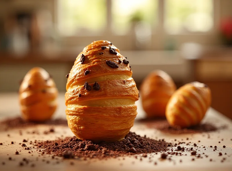 Close-up of a Waitrose Chocolate Croissant Easter Egg, beautifully decorated and presented on a table.