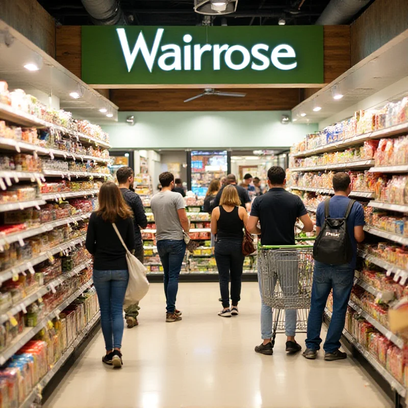 A diverse group of people shopping in a Waitrose supermarket, smiling and browsing the shelves.