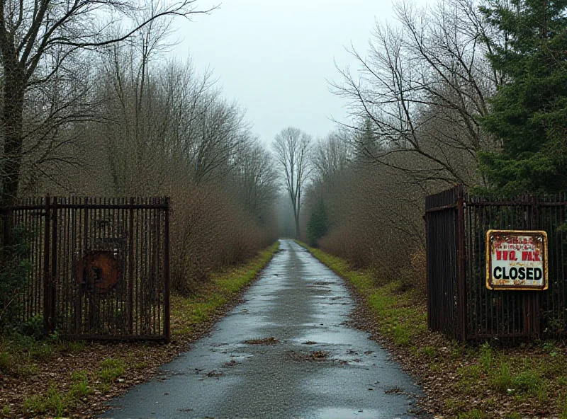 Entrance to a closed theme park, with visible 'closed' signs and a slightly overgrown look.