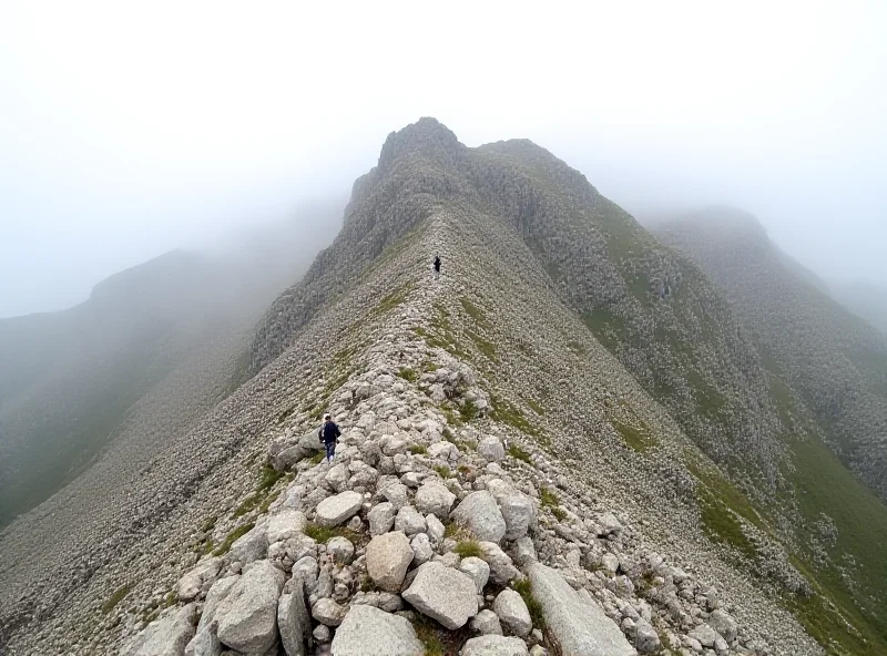 A wide, panoramic view of the rugged, rocky terrain of Tryfan mountain in Snowdonia National Park, Wales. The sky is slightly overcast, and the mountain is steep and imposing.