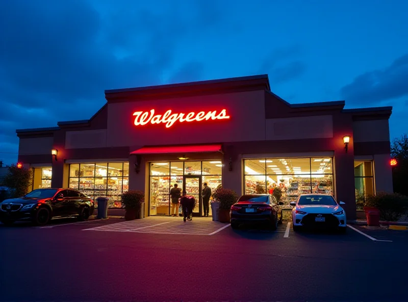 Exterior of a Walgreens store at dusk, showcasing the illuminated signage and storefront. 