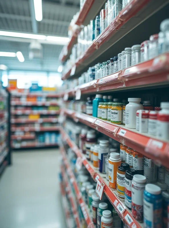 Close-up shot of various over-the-counter medications on a shelf inside a Walgreens store, highlighting the pharmacy's retail offerings.