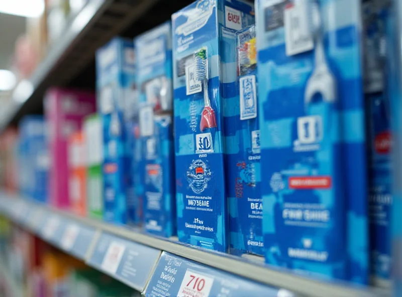 Close-up shot of Crest toothpaste and Oral-B toothbrush on a Walgreens store shelf.