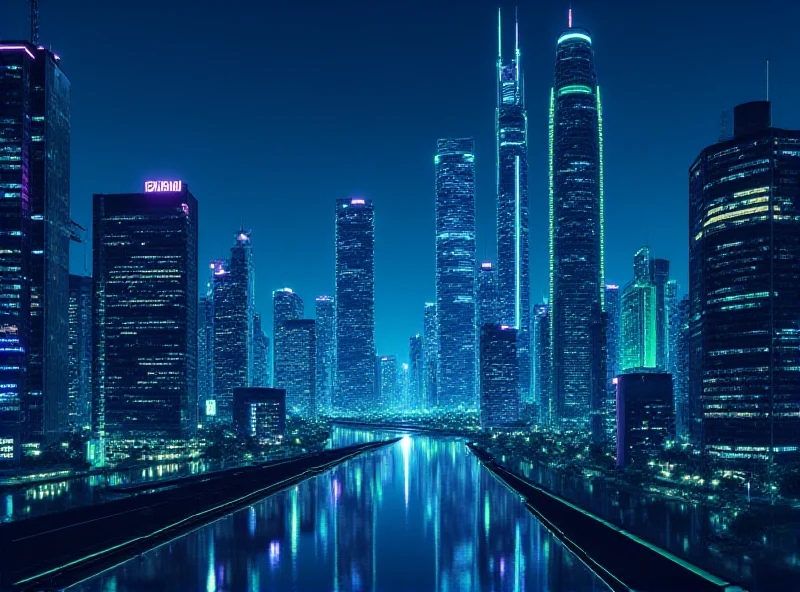 A futuristic cityscape with financial data flowing through the buildings, symbolizing AI in finance.