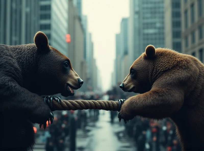 A stylized depiction of a tug-of-war between bulls and bears, representing the battle between Wall Street and short-sellers over an AI stock.