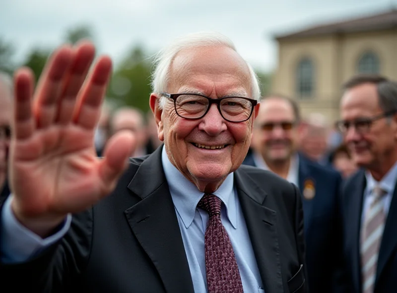 Image of Warren Buffett smiling and waving to a crowd, friendly and approachable