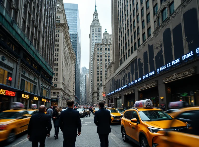 A bustling Wall Street scene with stock tickers in the background.