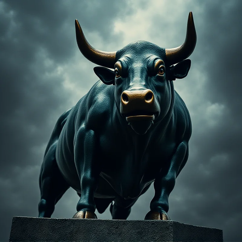 AI-generated image of a Wall Street bull statue with a stormy sky in the background, symbolizing market volatility.