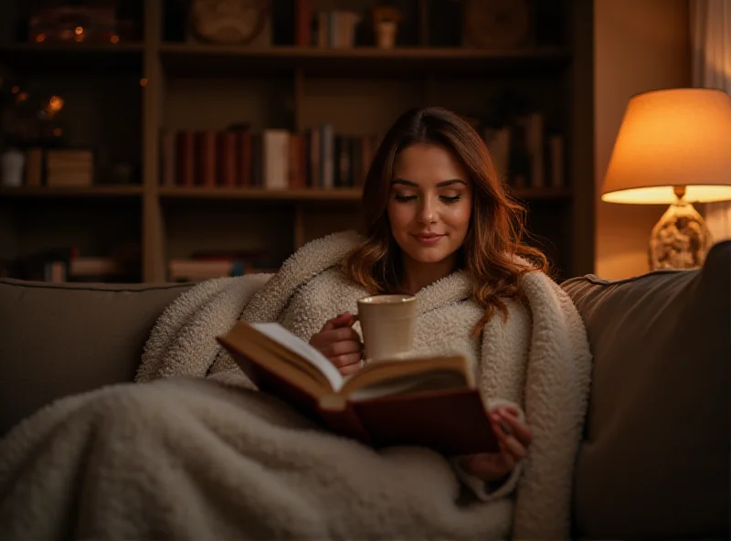 A woman wrapped in a cozy blanket on a couch, holding a mug and reading a book, with soft lighting.