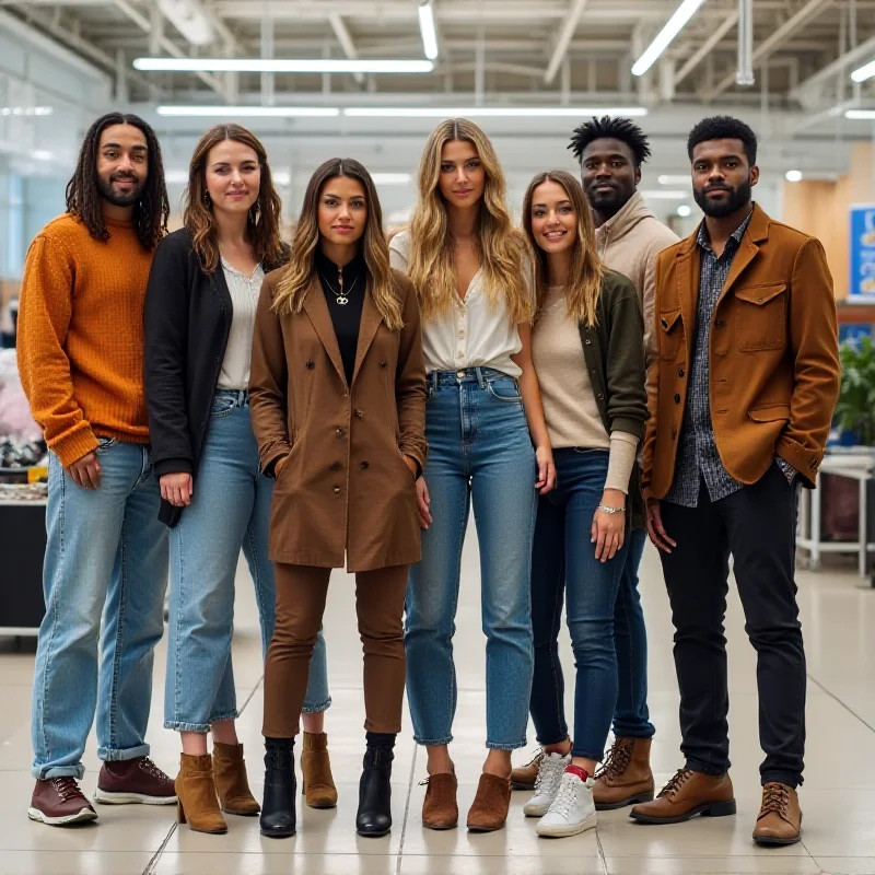 A diverse group of people wearing stylish and trendy clothing from Walmart, standing in a bright and modern setting.