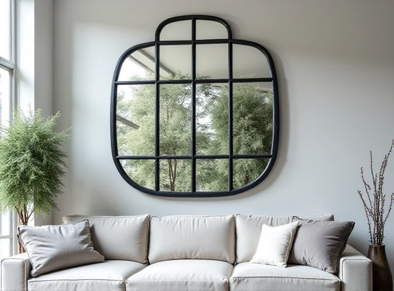 A Black Windowpane Wall Mirror hanging on a wall in a living room setting.