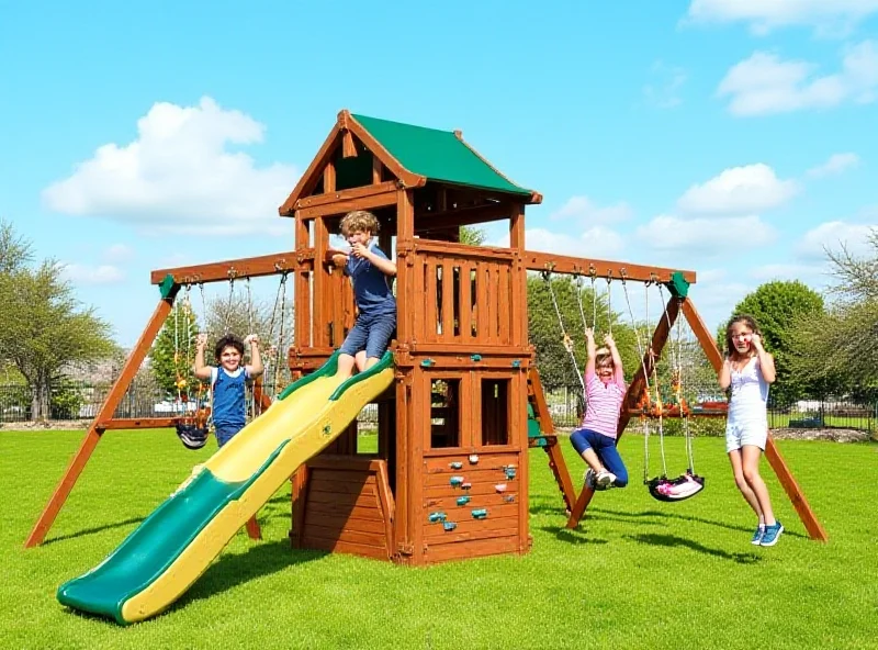 A KidKraft Ainsley Wooden Outdoor Swing Set in a backyard setting