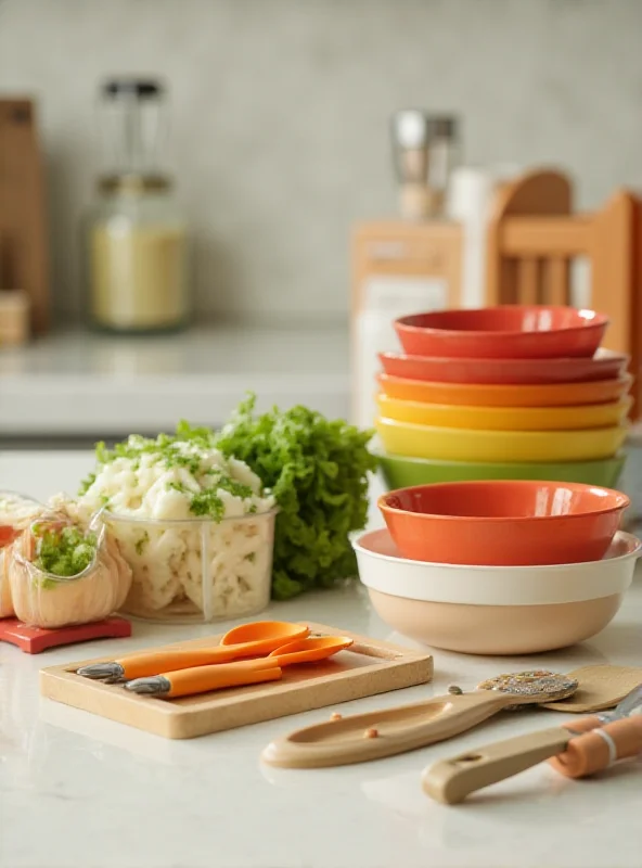 A variety of kitchen gadgets and utensils neatly arranged on a countertop