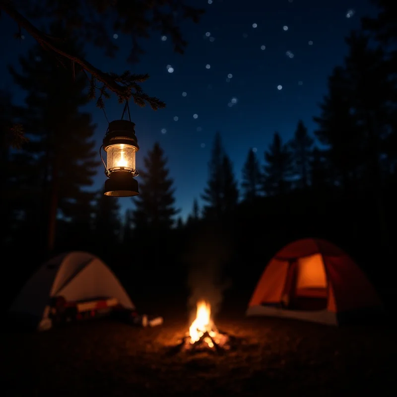 An Ozark Trail Outdoor LED Lantern illuminating a campsite at night