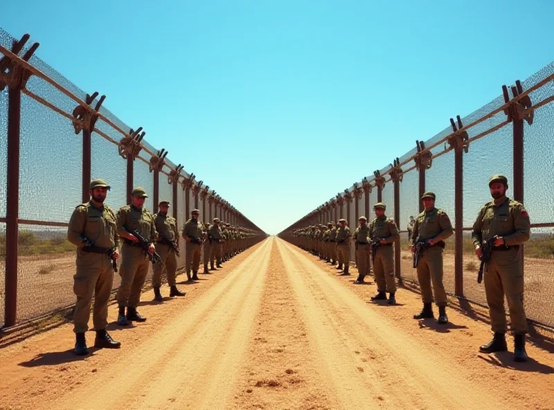 A line of soldiers standing guard at the US-Mexico border.