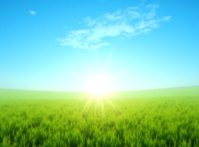 Sunny landscape with blue sky and green field.