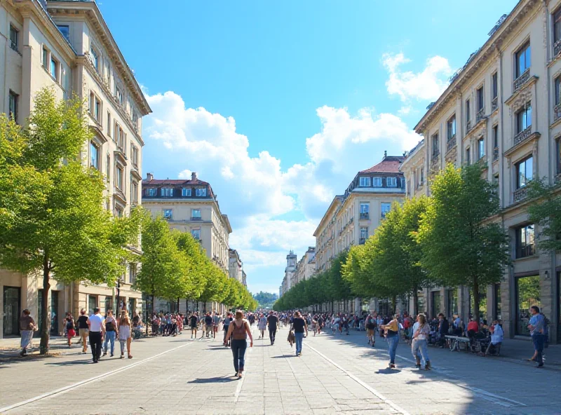 A sunny day in Warsaw with people walking and enjoying the weather.