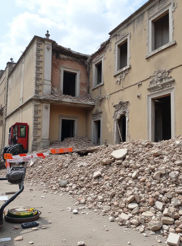 A damaged historic building with rubble and construction debris.