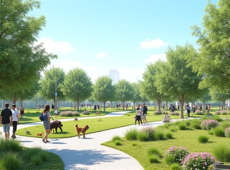 A rendering of a modern urban park with walking paths, green spaces, and a dog park.