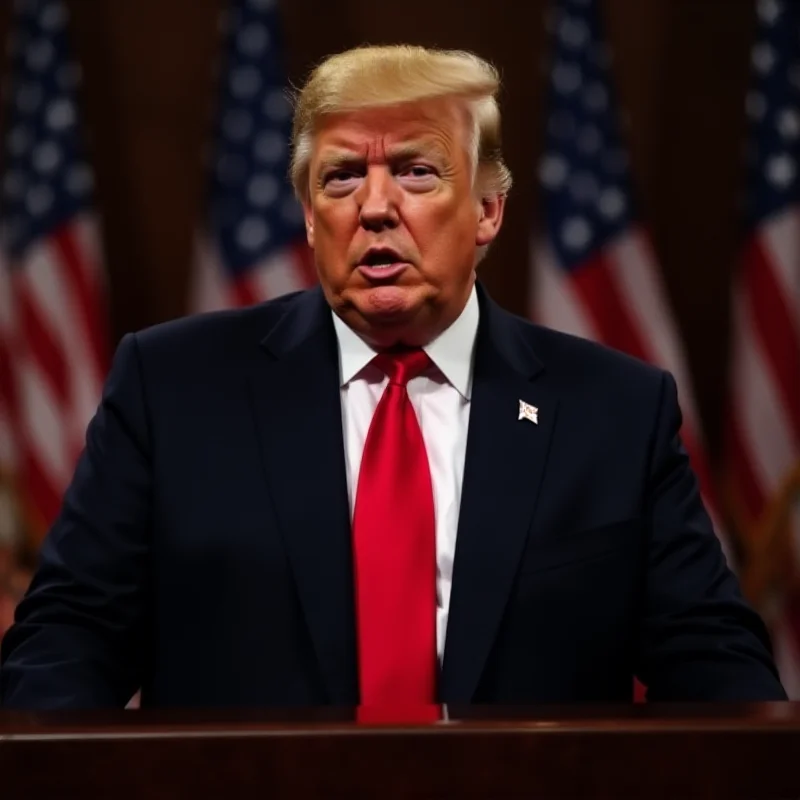 Donald Trump speaking at a podium with a serious expression.