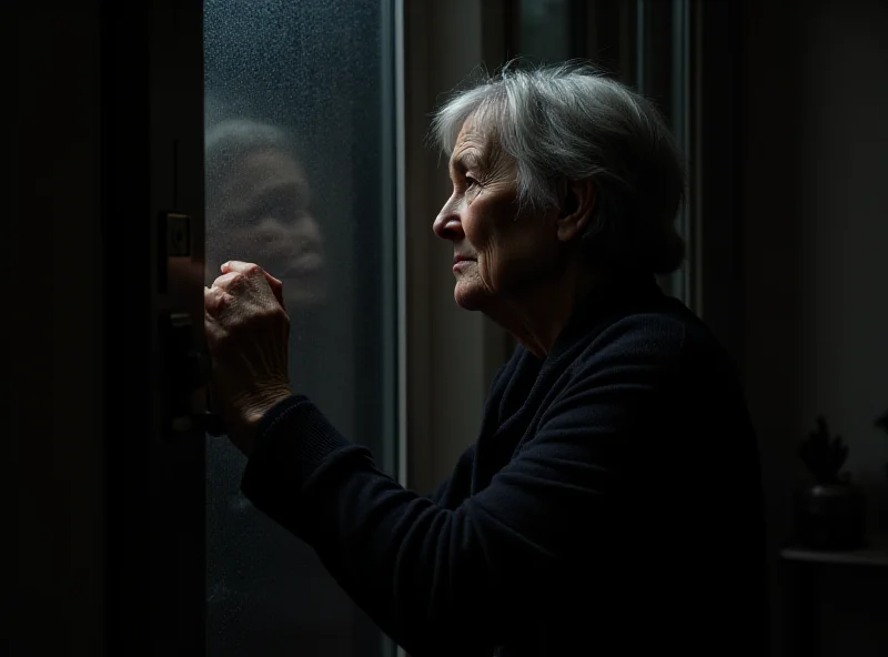 An AI generated image of a concerned elderly woman locking her door in Warsaw, Poland at night. Rain is visible on the window. The scene is lit by streetlights casting long shadows.