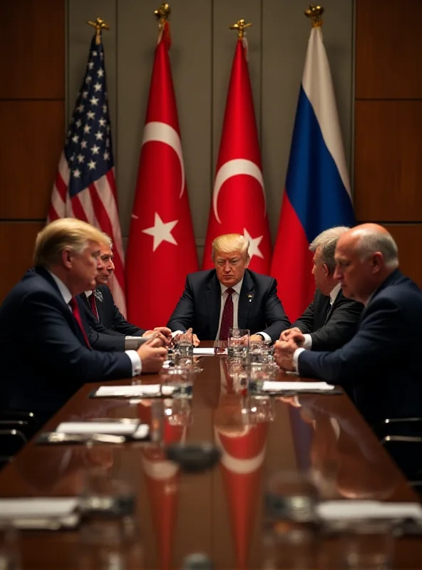 An AI generated image depicting a tense diplomatic meeting in Istanbul, Turkey. The American and Russian delegations are seated across a long table, with flags of their respective countries behind them. The atmosphere is serious and focused.