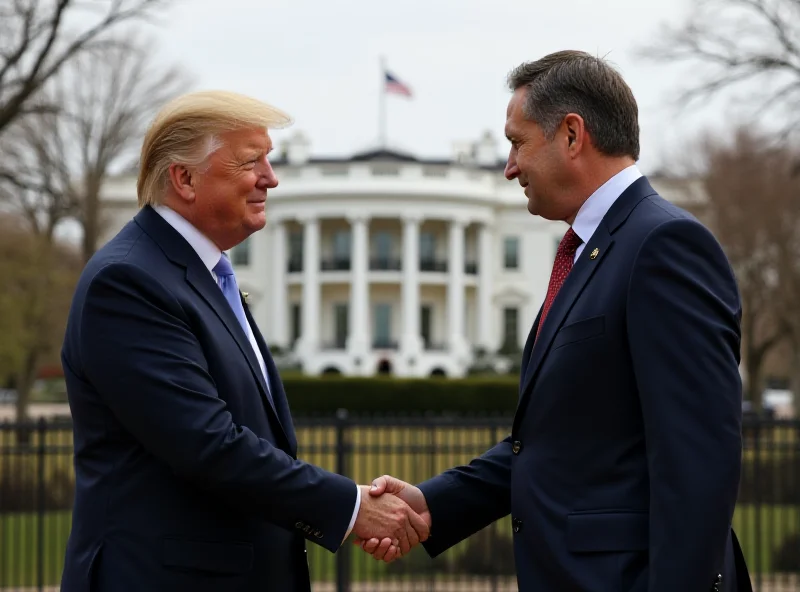 An AI generated image of Volodymyr Zelenskyy shaking hands with an American official in Washington D.C. The White House is visible in the background. The scene is brightly lit and hopeful.