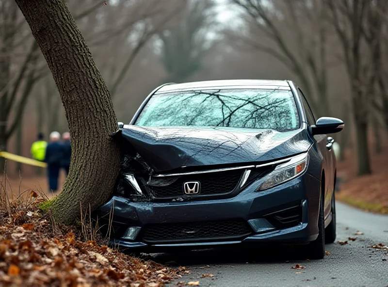 Wrecked car after hitting a tree.