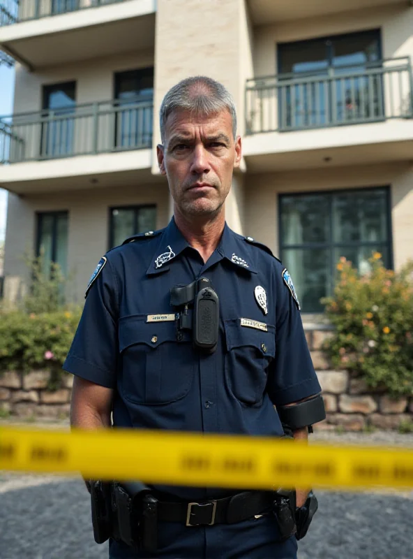 A solemn police officer at an apartment complex.