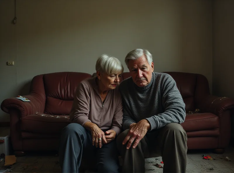 An elderly couple looking distraught in their damaged home.