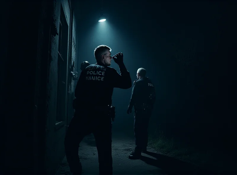 Police searching a building at night with flashlights.