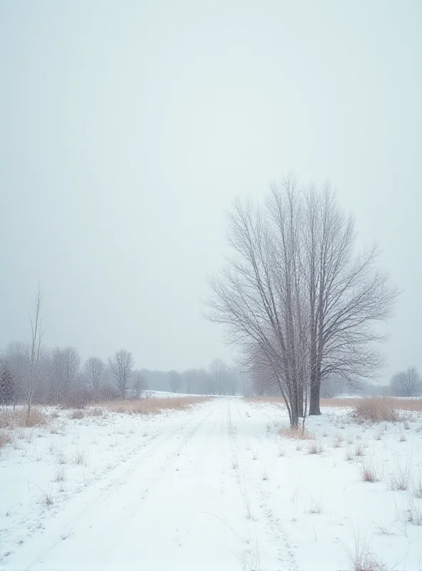 A somber, snow-covered landscape with bare trees under a gray sky.