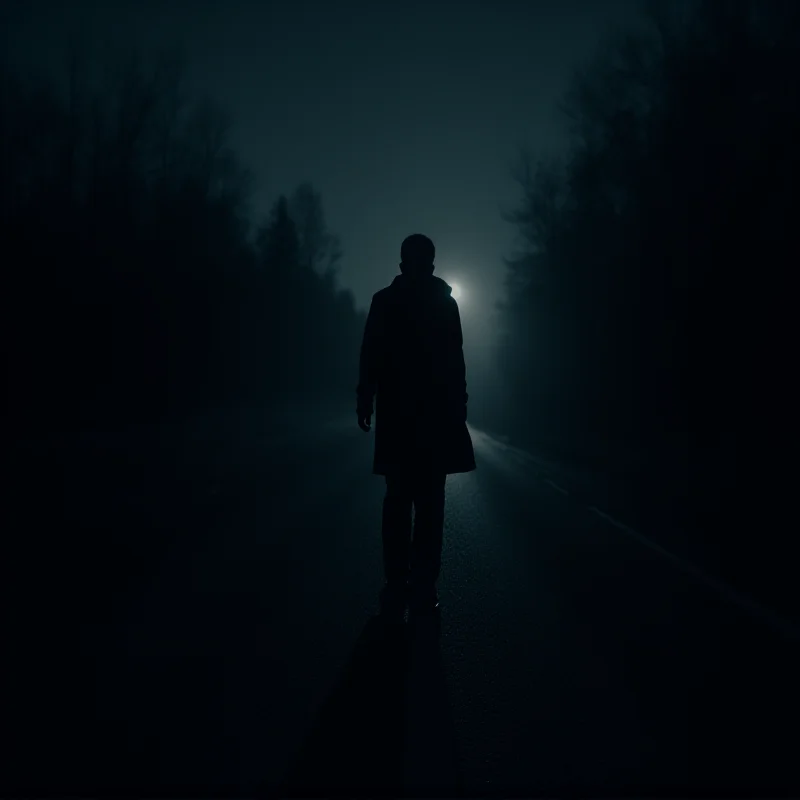 A silhouette of a person walking alone on a dark road at night.