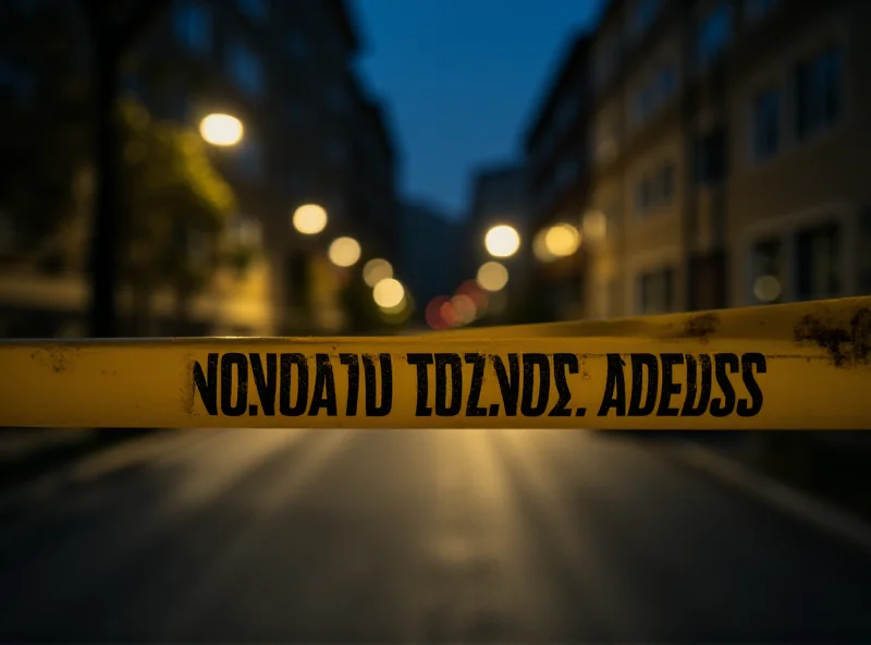 Police tape at a crime scene in Warsaw at night.