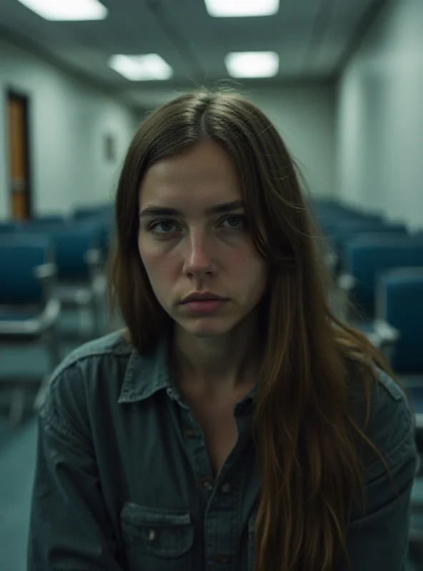 A young woman sitting in a police station looking dejected.