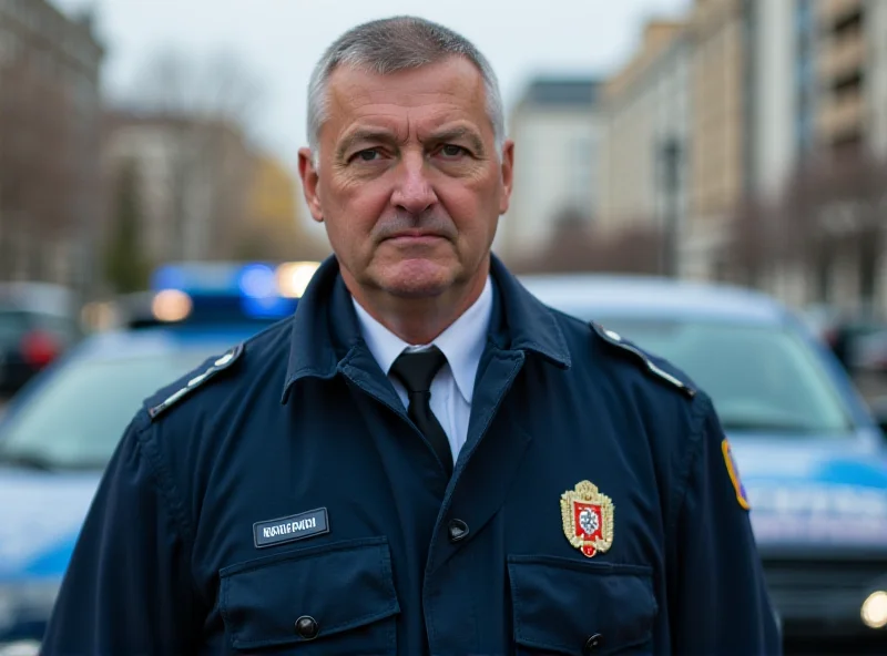 Police officer in uniform standing in front of a police car.