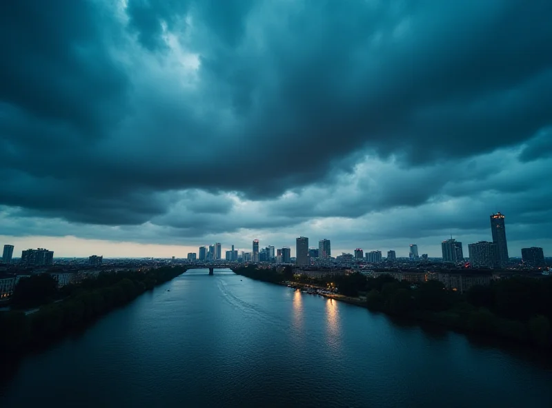 Dramatic sky over Warsaw, Poland, with dark storm clouds gathering over the city skyline. The Vistula River reflects the ominous sky, adding to the sense of foreboding.