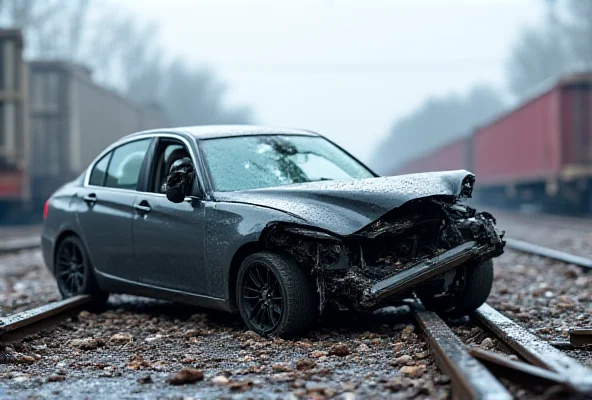 Wrecked car after colliding with a train at a railroad crossing in Poland. The car is severely damaged and scattered across the tracks. The train is visible in the background, slightly blurred, emphasizing the force of the impact.