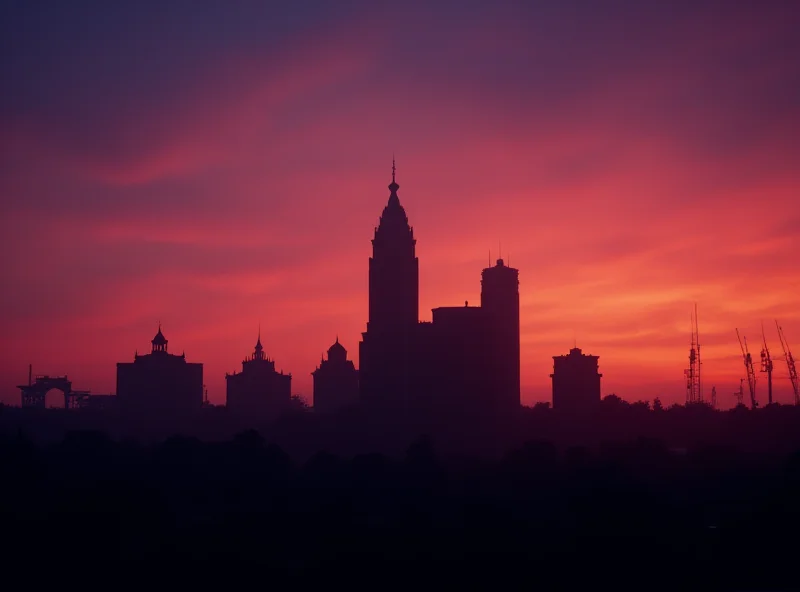 A silhouette of the Warsaw skyline at dusk, with the Palace of Culture and Science prominently featured. The sky is a mix of orange, purple, and blue hues, creating a dramatic and slightly ominous atmosphere.