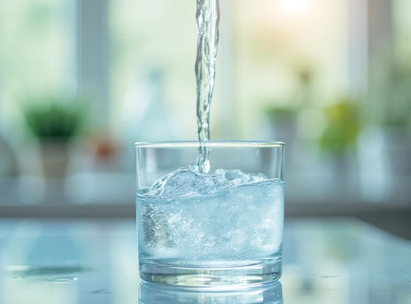 Water flowing from a tap into a glass, focus on the clear water, with a blurred background of a modern kitchen.