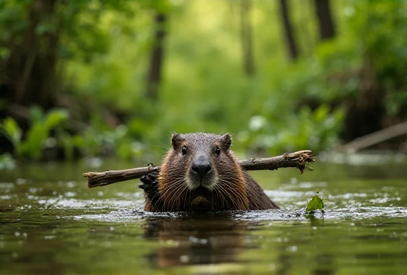 A wild beaver swimming in a river, carrying a small branch in its mouth. The water is slightly murky, surrounded by lush green vegetation and trees.