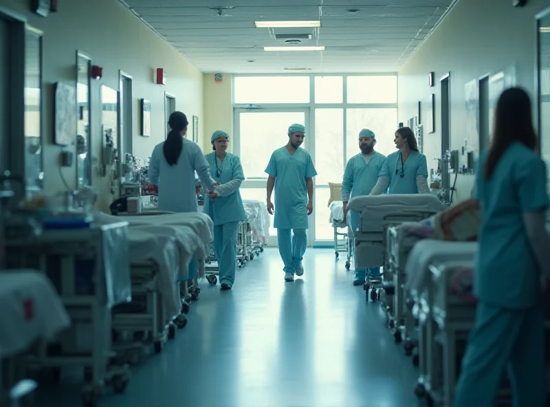 A bustling hospital hallway with doctors and nurses attending to patients. The scene is filled with soft, natural light, creating a sense of hope and healing amidst the activity.