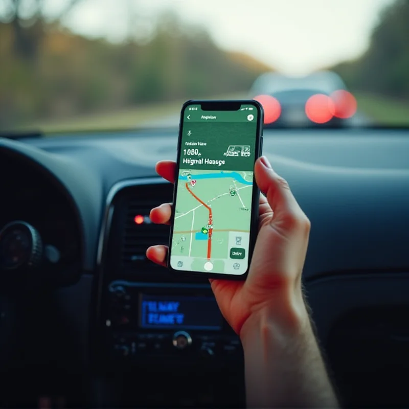 A driver using Waze navigation on a smartphone mounted on the dashboard, with a focus on real-time traffic updates and potential hazards.