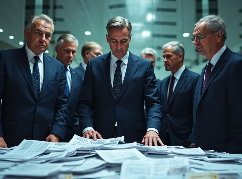 An AI-generated image depicting a group of wealthy individuals looking concerned and stressed amidst a pile of financial documents.