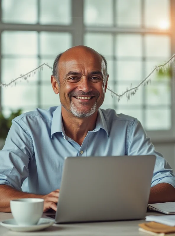 An AI-generated image of a smiling self-employed individual working on a laptop, with a graph showing increasing tax savings in the background.