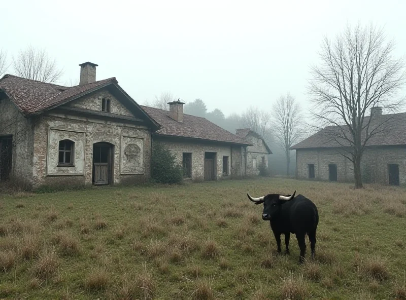 An AI-generated image of dilapidated stables with overgrown grass and a lone bull standing in the foreground in Eastern Slovakia.