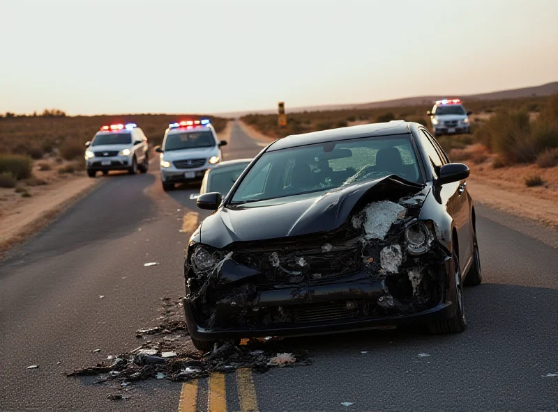 A damaged car on a rural road in a desert landscape, with emergency vehicles in the background.